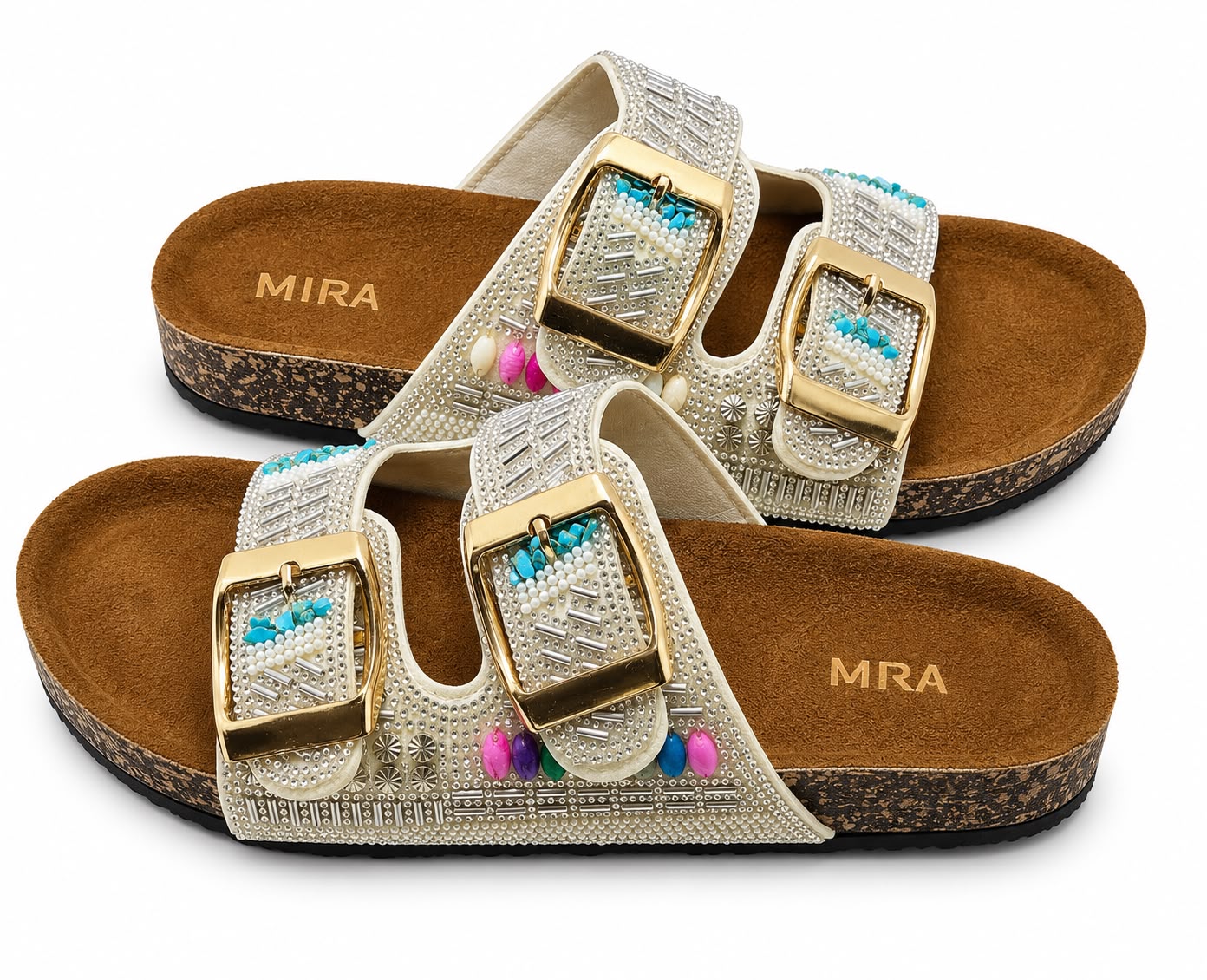 Mira Steps — Women's Double Strap Flat Slipper with Gold Buckle | QMR Fashion Qmr Fashion
