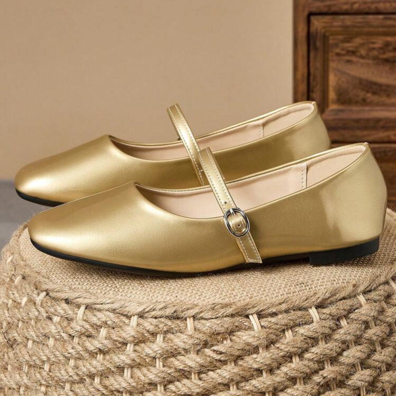 Golden Cinderella Slip-On Shoes – Square Toe Women’s Flats | QMR Fashion