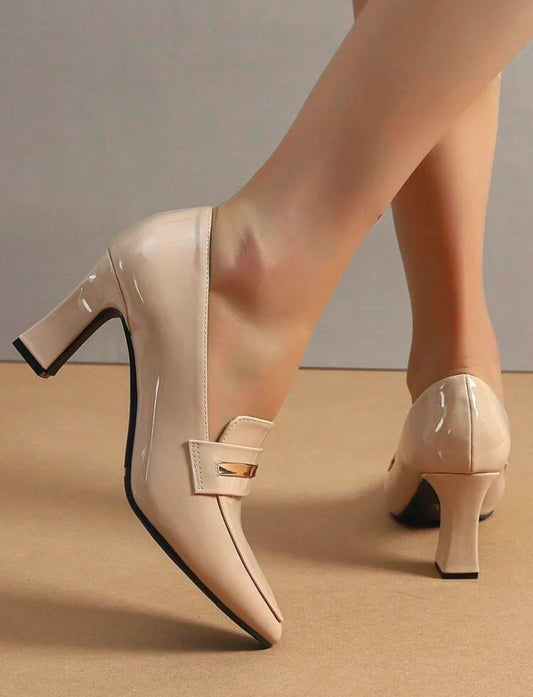 Ony خصم اخر قطعه- Women Minimalist Loafers, Artificial Patent Leather Point Toe Chunky Heeled Elegant Pumps