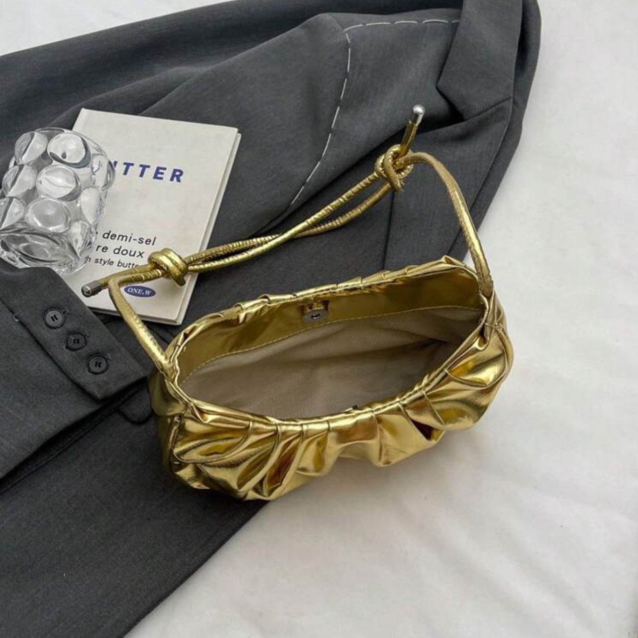 Golden Cloud Crescent Bag – Glossy Pleated PU Shoulder Bag | QMR Fashion