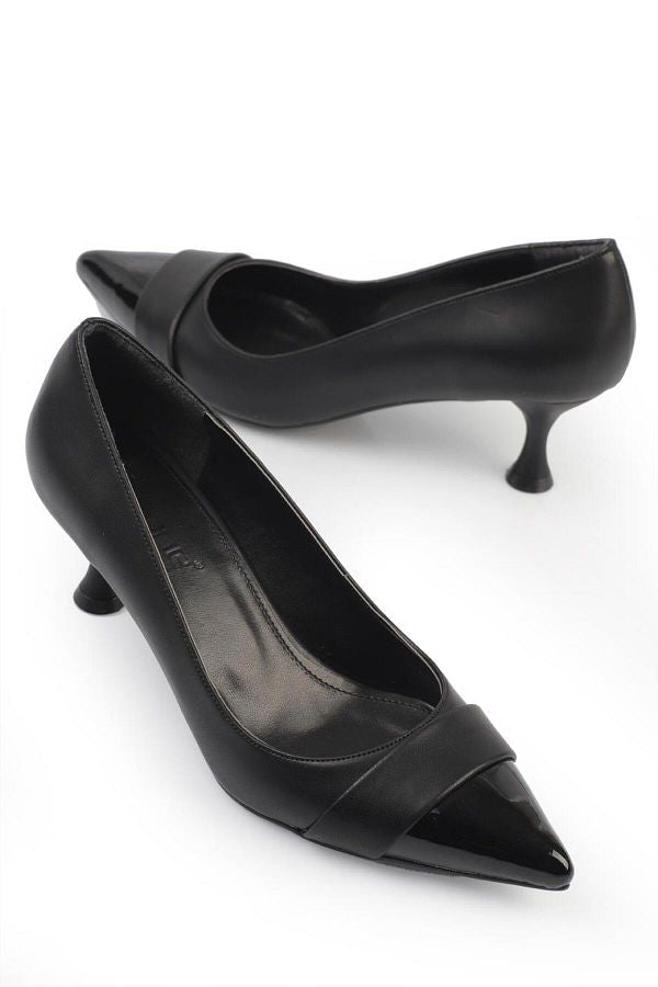 Aurora تصفيات - Turkish Capone Pointed Toe Patent Leather Detailed Mid Heel Women's Shoes