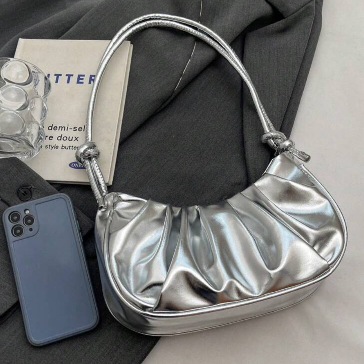 Golden Cloud Crescent Bag – Glossy Pleated PU Shoulder Bag | QMR Fashion