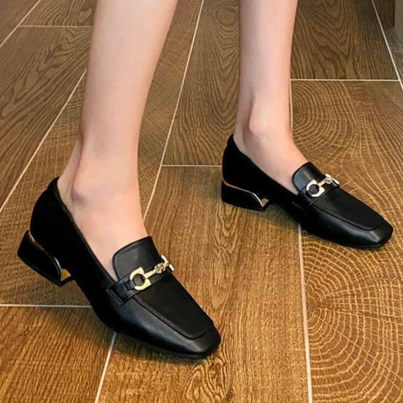 Amiroa Women’s Black Snaffle Decor Flats – Square Toe Loafers | QMR Fashion