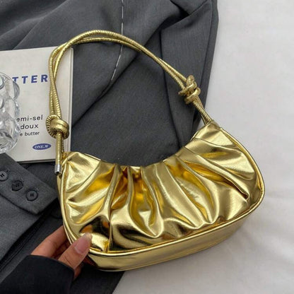 Golden Cloud Crescent Bag – Glossy Pleated PU Shoulder Bag | QMR Fashion