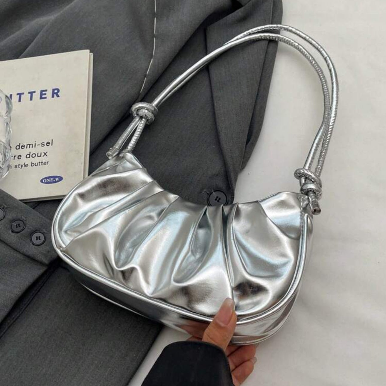 Golden Cloud Crescent Bag – Glossy Pleated PU Shoulder Bag | QMR Fashion