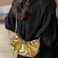 Golden Cloud Crescent Bag – Glossy Pleated PU Shoulder Bag | QMR Fashion