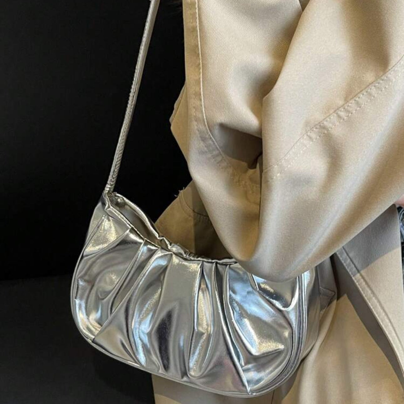 Golden Cloud Crescent Bag – Glossy Pleated PU Shoulder Bag | QMR Fashion