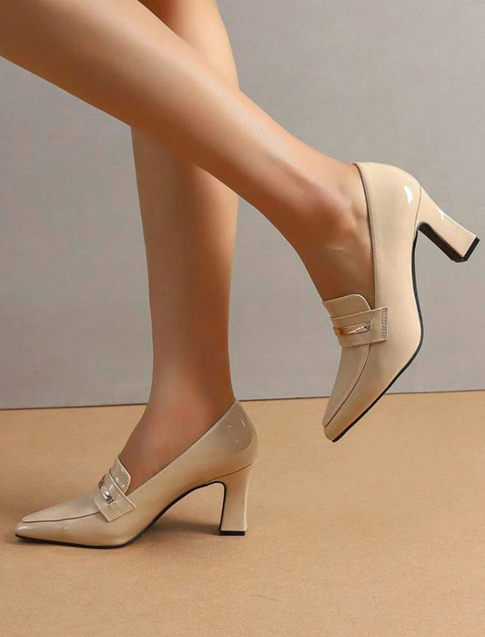 Ony خصم اخر قطعه- Women Minimalist Loafers, Artificial Patent Leather Point Toe Chunky Heeled Elegant Pumps