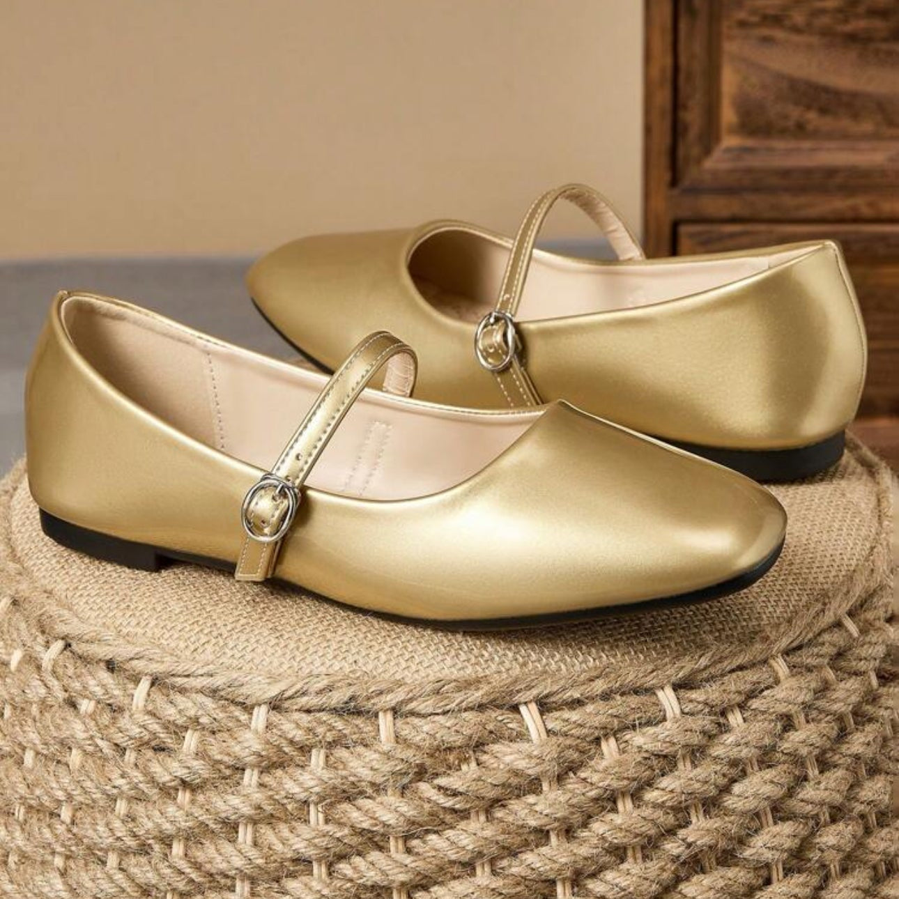 Golden Cinderella Slip-On Shoes – Square Toe Women’s Flats | QMR Fashion