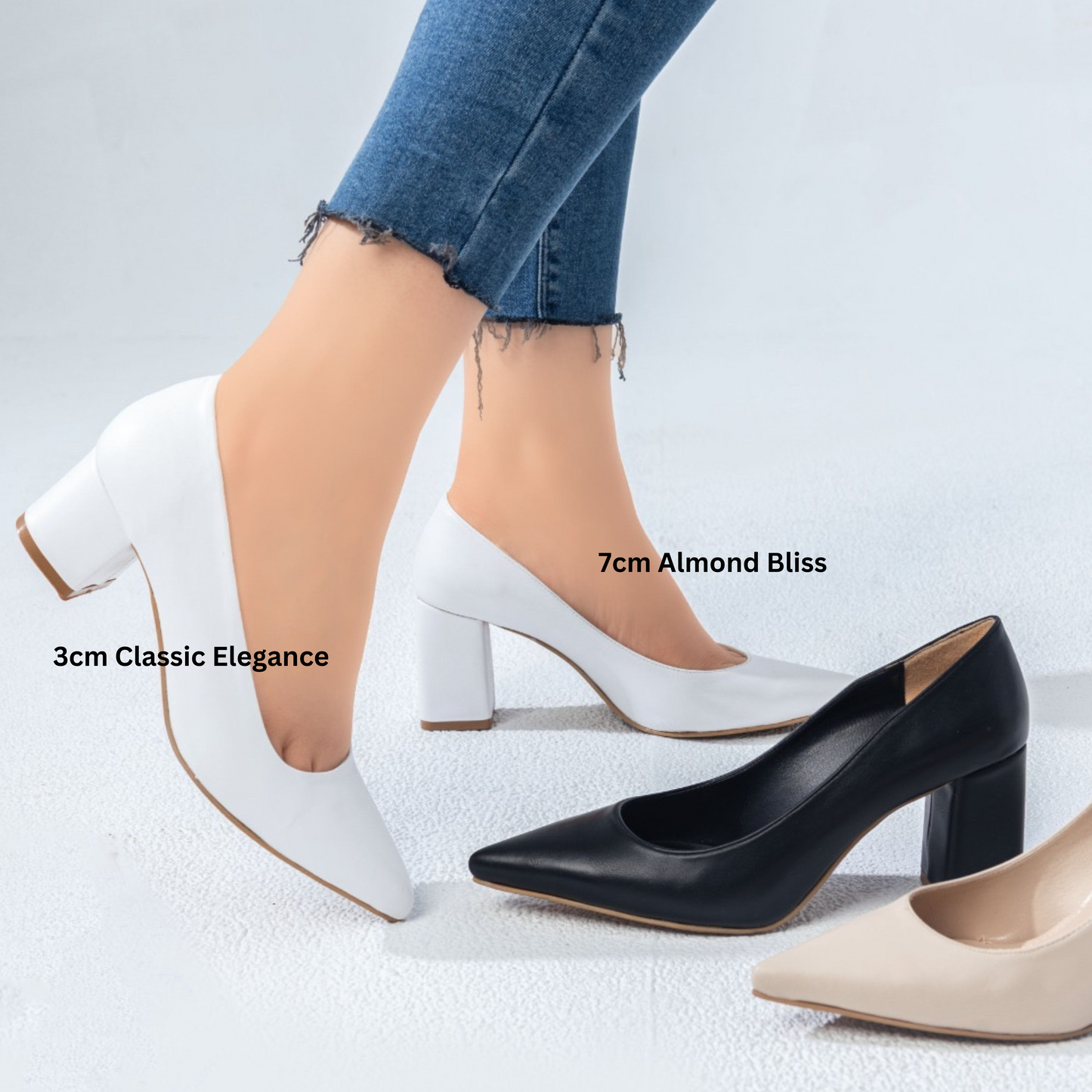 حذاء ألموند بليس بكعب عريض - حذاء نسائي مريح من الجلد بطول 7 سم | أزياء كيو إم آر