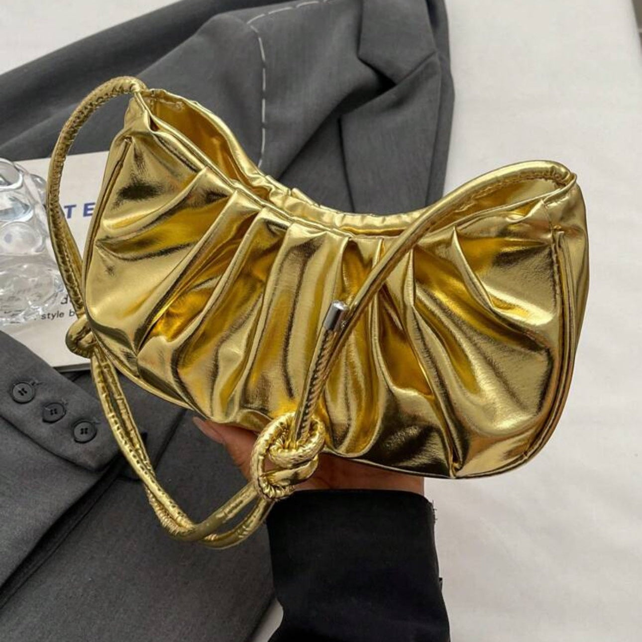 Golden Cloud Crescent Bag – Glossy Pleated PU Shoulder Bag | QMR Fashion