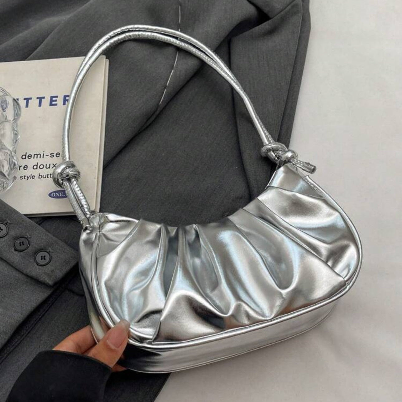 Golden Cloud Crescent Bag – Glossy Pleated PU Shoulder Bag | QMR Fashion