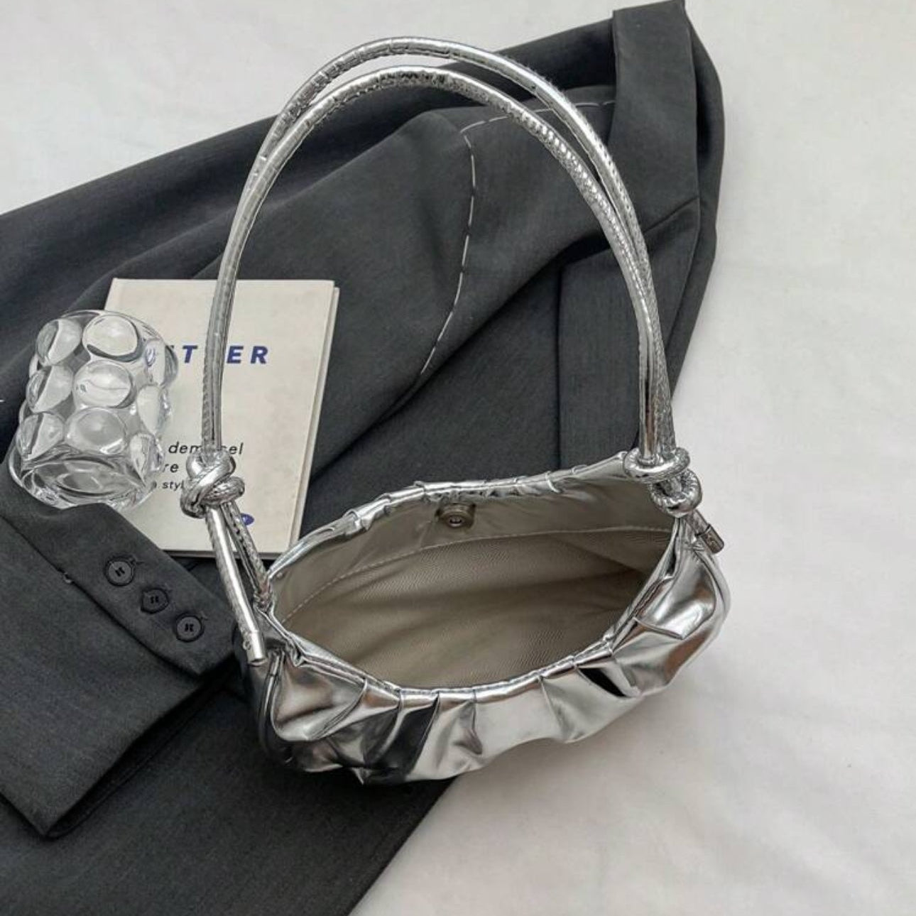 Golden Cloud Crescent Bag – Glossy Pleated PU Shoulder Bag | QMR Fashion