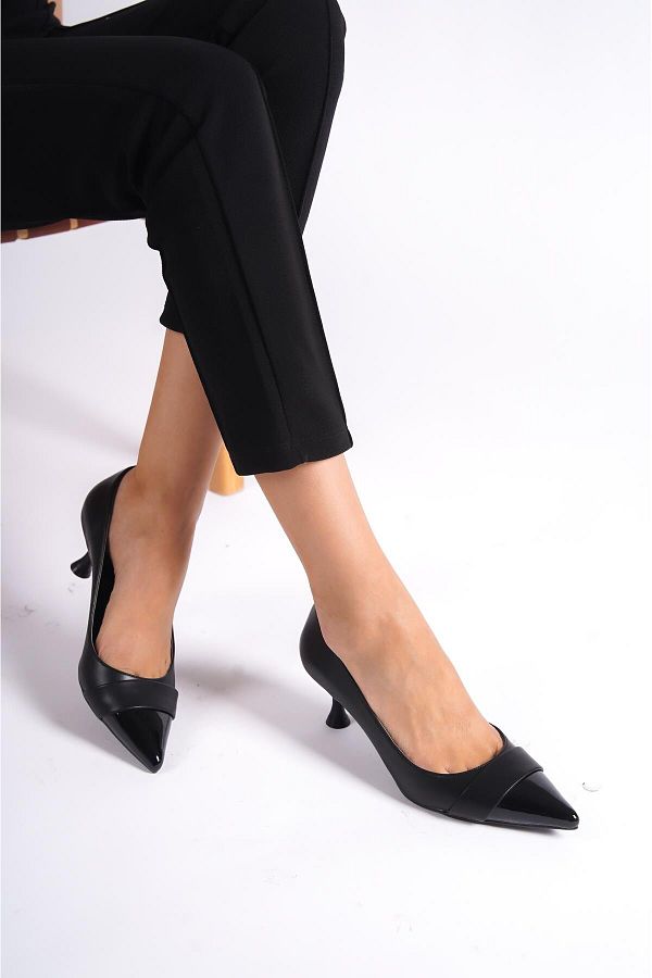 Aurora تصفيات - Turkish Capone Pointed Toe Patent Leather Detailed Mid Heel Women's Shoes