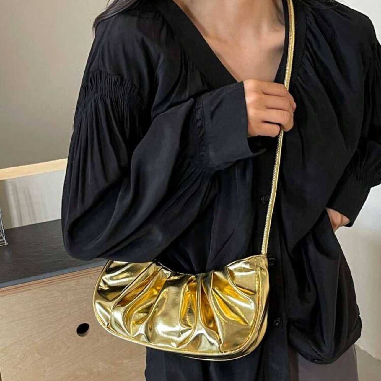 Golden Cloud Crescent Bag – Glossy Pleated PU Shoulder Bag | QMR Fashion