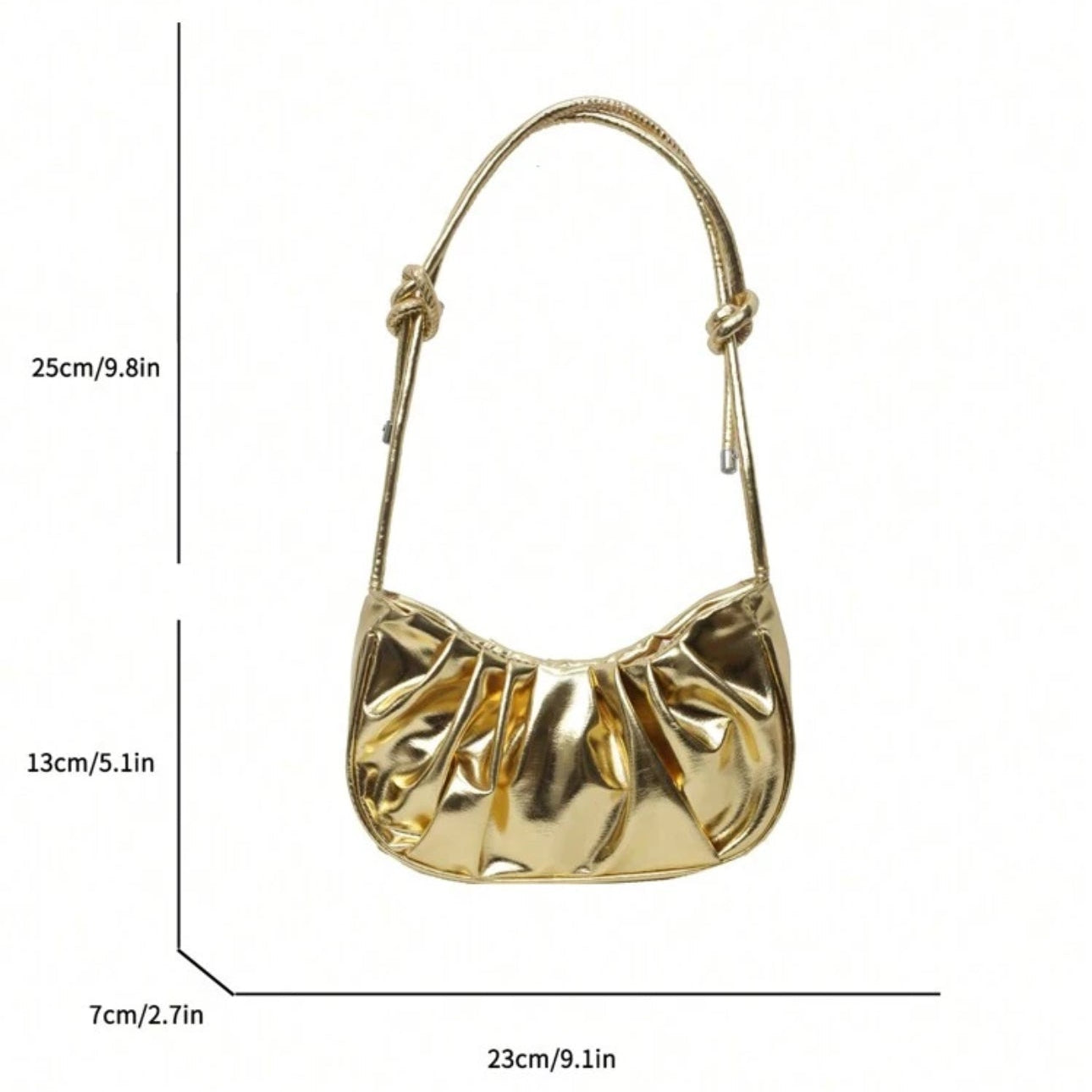 Golden Cloud Crescent Bag – Glossy Pleated PU Shoulder Bag | QMR Fashion