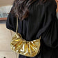 Golden Cloud Crescent Bag – Glossy Pleated PU Shoulder Bag | QMR Fashion