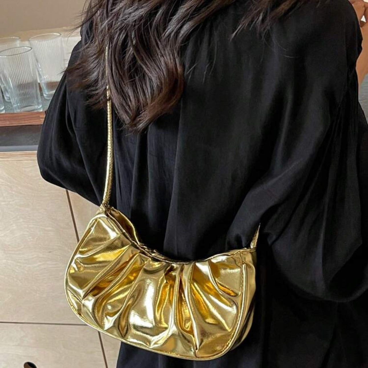 Golden Cloud Crescent Bag – Glossy Pleated PU Shoulder Bag | QMR Fashion