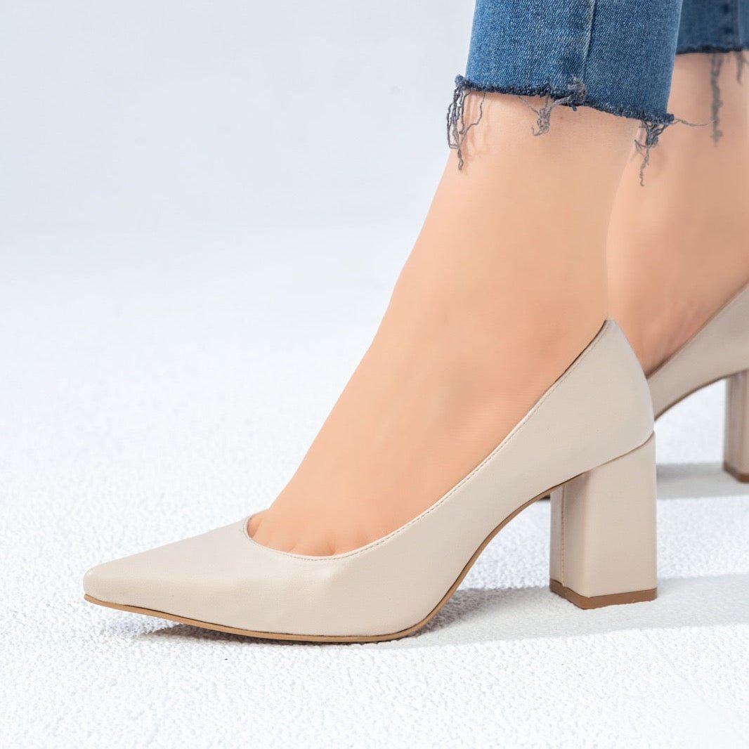 Almond Bliss Block Heels – Women’s 7cm Comfortable Leather Shoes | QMR Fashion - Qmr Fashion