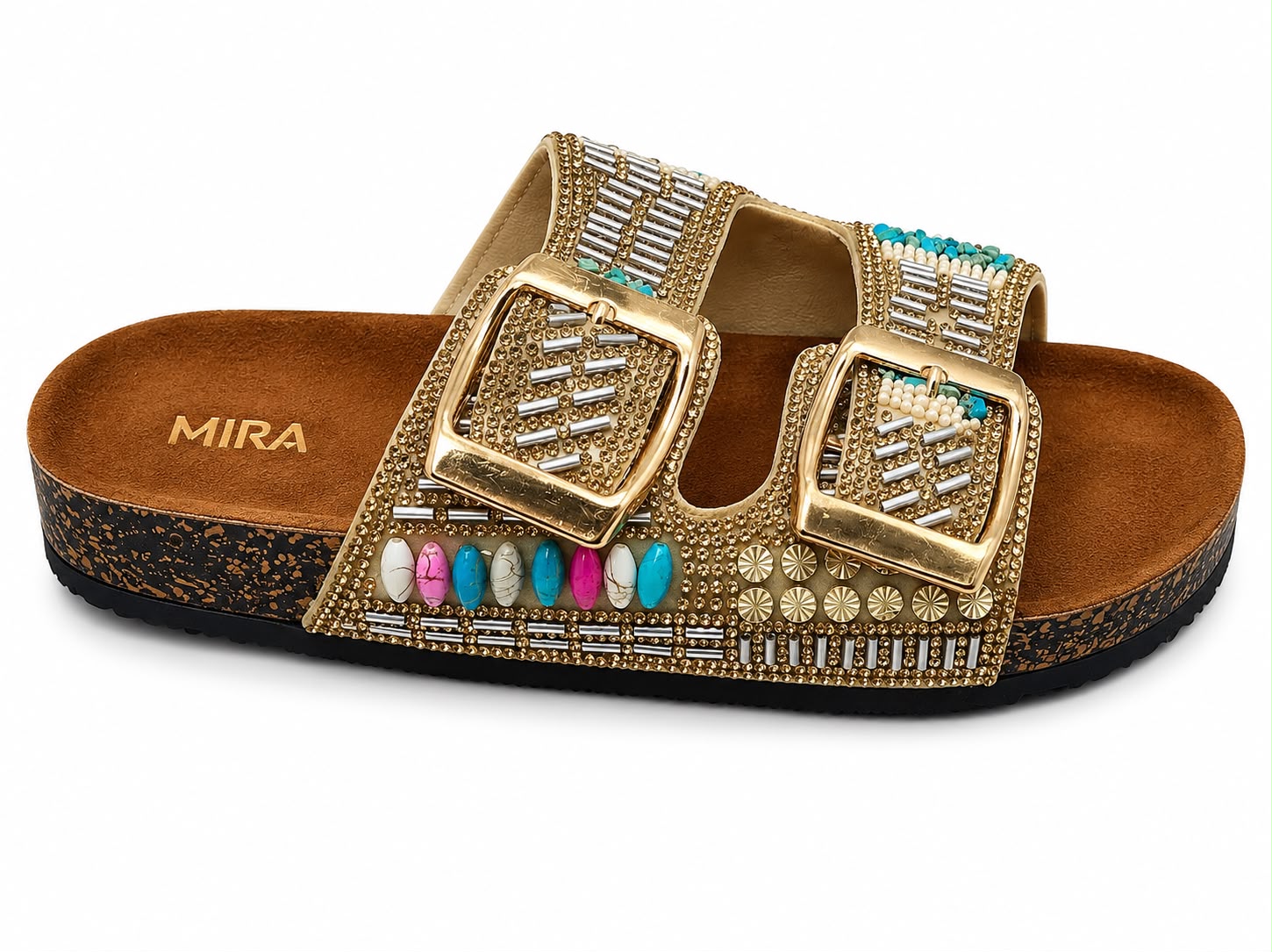 Mira Steps — Women's Double Strap Flat Slipper with Gold Buckle | QMR Fashion Qmr Fashion