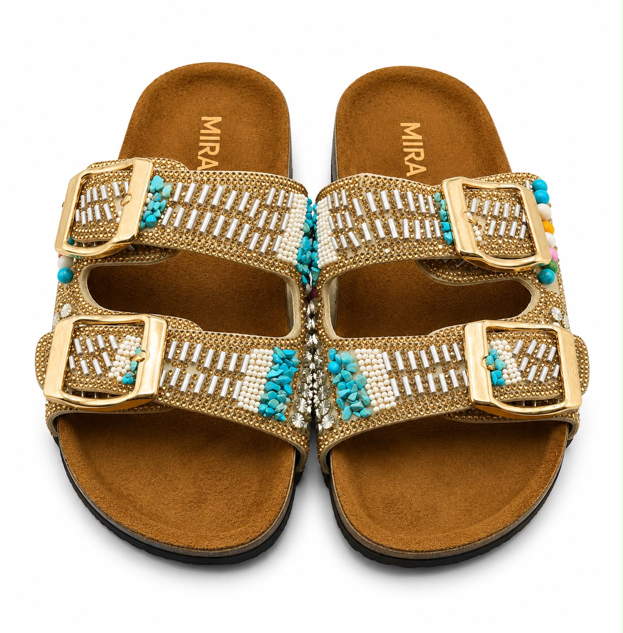 Mira Steps — Women's Double Strap Flat Slipper with Gold Buckle | QMR Fashion Qmr Fashion