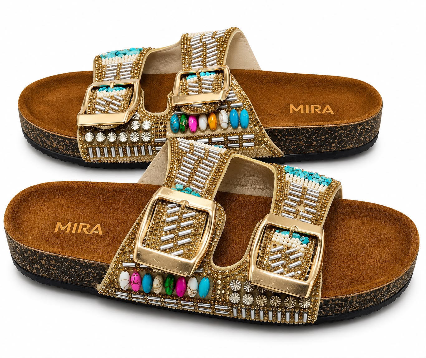 Mira Steps — Women's Double Strap Flat Slipper with Gold Buckle | QMR Fashion Qmr Fashion