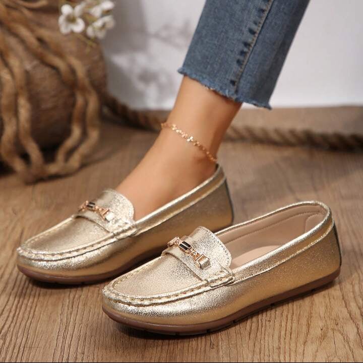 Velvet Steps Gold Flats – Women’s Slip - On Shoes with Metal Chain | QMR Fashion - Qmr Fashion