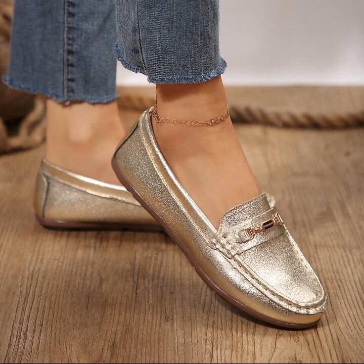 Velvet Steps Gold Flats – Women’s Slip - On Shoes with Metal Chain | QMR Fashion - Qmr Fashion