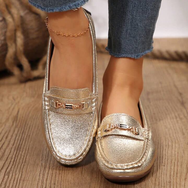 Velvet Steps Gold Flats – Women’s Slip - On Shoes with Metal Chain | QMR Fashion - Qmr Fashion